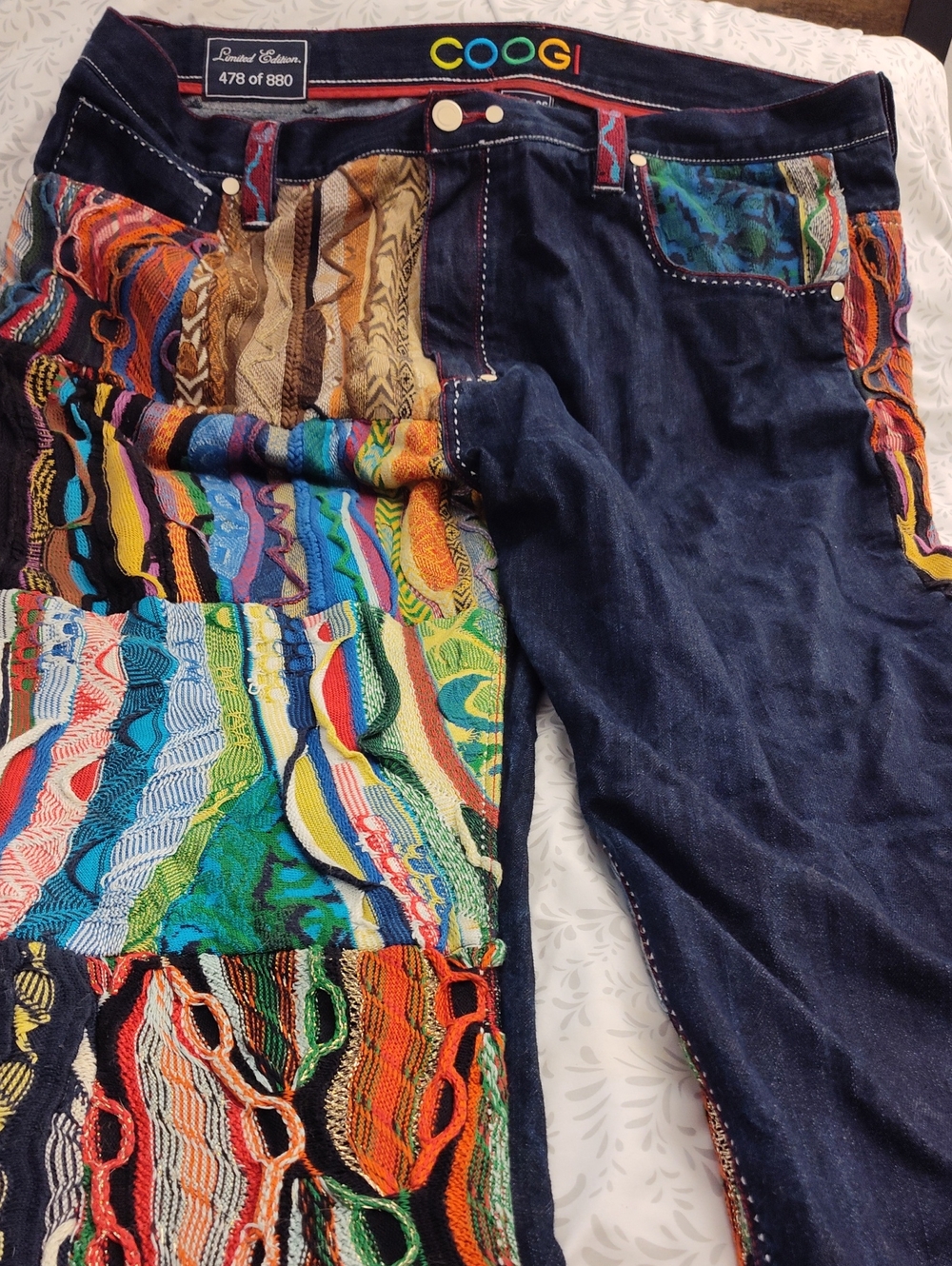 COOGI Multicolor Patchwork Knit-Textured Denim Jeans